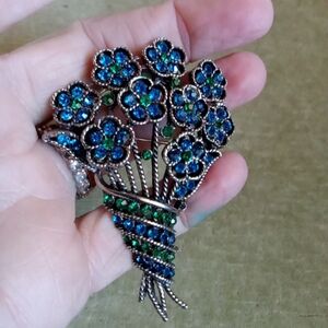 Vintage Blue And Green Gem Floral Brooch